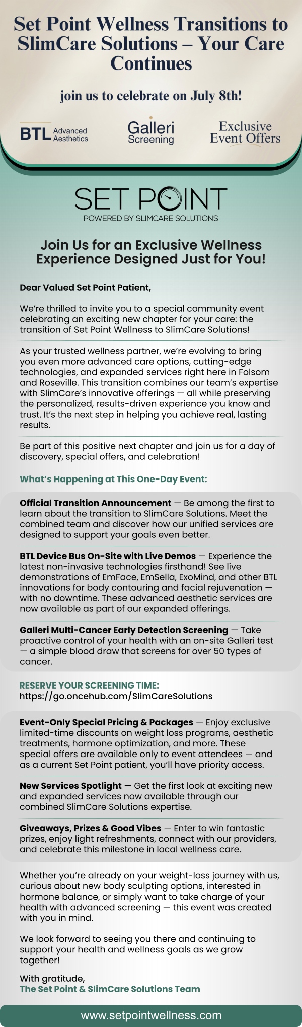 You're Invited, Set Point Patients: Celebrate Our Transition to SlimCare Solutions - Exclusive Event!